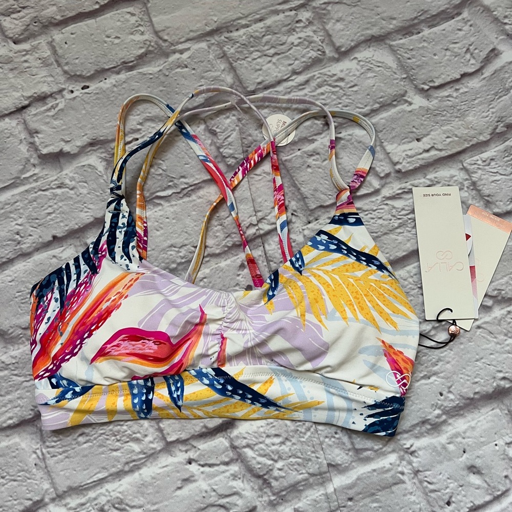 CALIA by Carrie Underwood Tropical Print Bikini Top in White, Yellow, Pink, Blue